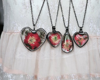 Pressed Flower Necklace: Real Rose Terrarium Pendant, Vintage Style