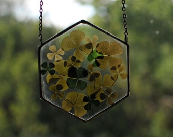 Pressed Four Leaf Clover Suncatcher: Stained Glass Botanical Wall Art