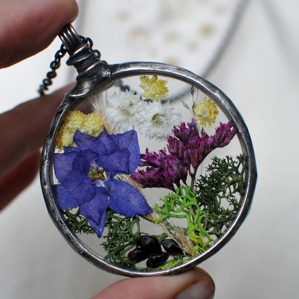 Bijoux Terrarium, Collier botanique, Bijoux de fleurs, Collier de fleurs pressées, Bijoux en vitrail, MARIAELA