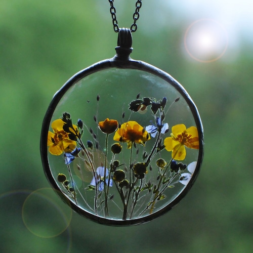 Pressed Flowers Wedding Jewelry Terrarium Necklace Stained Etsy