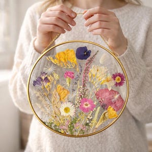 Moldura redonda com flores prensadas – Decoração de parede em vidro com motivos botânicos reais, presente para quem nasceu com flor.