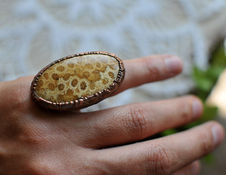5.75 us size oval shape Big fossil coral ring brown raw ring electroformed jewelry earthy boho jewelry by MARIAELA stunning stone
