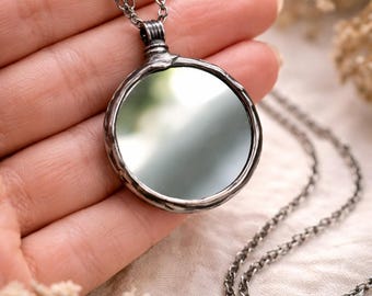 Mirror Necklace – Real Glass Mini Mirror Pendant, Stained Glass Jewelry, Vintage Boho Gift for Her