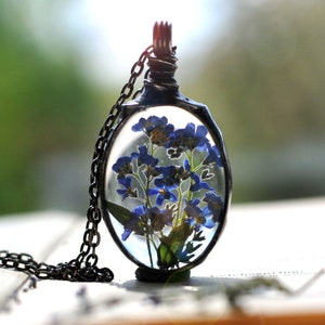 oval terrarium necklace, bridesmaids necklaces, forget me not necklace, Real Forget-me-not Flowers Necklace, pressed flower,dried flower