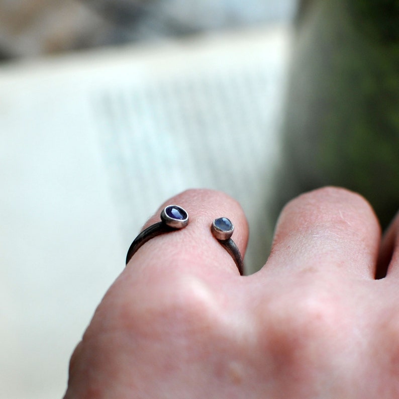 Dual stone ring, US 4.75 size, moonstone and amethyst ring, gemstone ring, sterling Silver ring, stacking ring, open ring, adjustable image 5