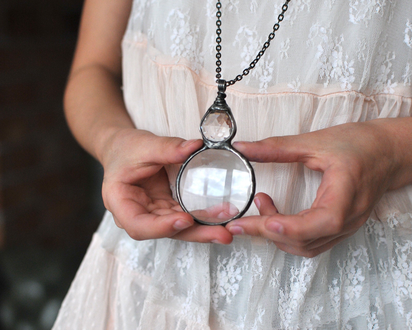 Faceted Crystal Loupe Necklace, Magnifying Glass Pendant, Glass Prism Jewelry, Kaleidoscope Necklace, Reading Aid Necklace, Gift for Grandma