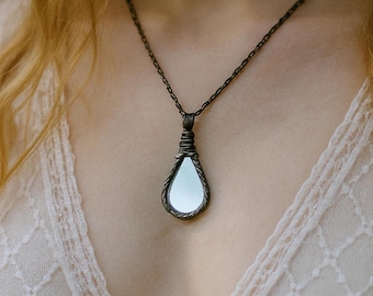 Mirror Pendant Necklace – Stained Glass Drop Necklace, Handmade Reflective Jewelry