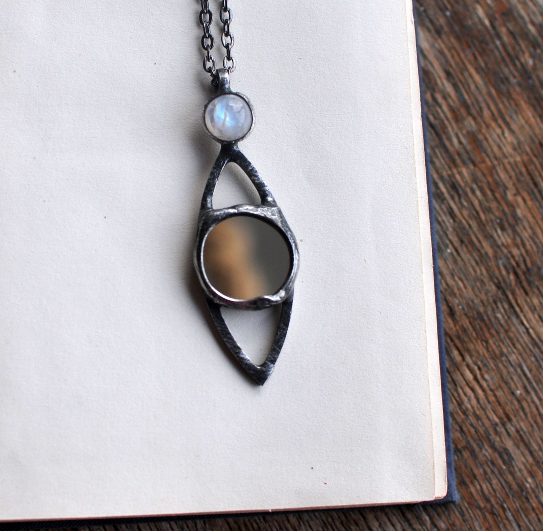 Mirror Necklace, Mirror Pendant, Mirror Jewelry, Moonstone Necklace