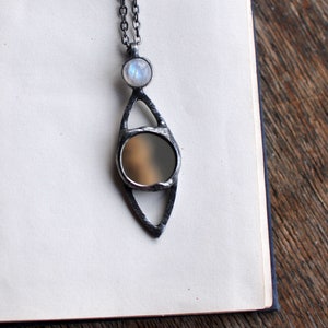 Mirror necklace, Mirror Pendant, Mirror Jewelry, Moonstone Necklace, Looking Glass Jewelry, Small Mirror Pendant, Stained glass Necklace
