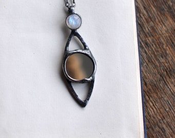 Mirror necklace, Mirror Pendant, Mirror Jewelry, Moonstone Necklace, Looking Glass Jewelry, Small Mirror Pendant, Stained glass Necklace