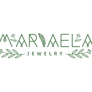 May include: A logo for a jewelry company called "MARIELA JEWELRY". The logo features the company name in a stylized font with a feather design in the middle. The name is flanked by leafy branches with berries.