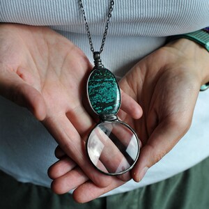 chrysoprase pendant, turquoise necklace, magnifying glass, unique gift, mother's day, green gemstone, loupe charm, monocle charm image 5