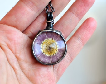 Fiore pressato, Collana terrario, Collana di fiori pressati, Fiori pressati, Collana Aster, Fiori secchi, Collana di fiori di nascita reali