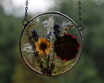 Stained Glass Frame, pressed flower frame, pressed plant frame, pressed lavender, framed dried flowers, flower hanging, hanging glass decor