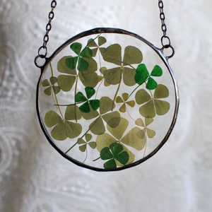 Four Leaf Clover, Pressed Clover, Glass Wall Art, Round Glass Frame, Stained Glass Art, Hanging Glass Decor, MARIAELA, pressed flower