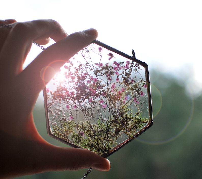 May include: A hexagonal glass frame with a pressed flower design. The frame is held in a hand and features a delicate arrangement of pink flowers and green foliage.