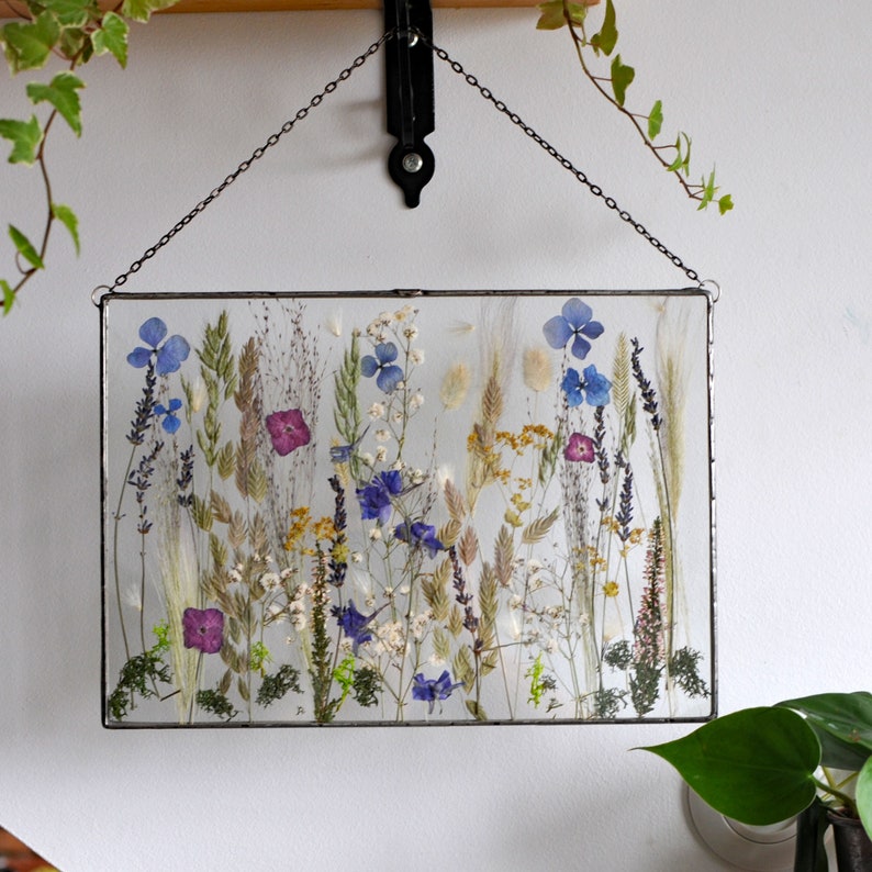 Real dried flowers, dried flower, flower hanging, Hanging Glass decor, Botanical Art, Large Pressed Flower Frame, Pressed flower art image 5