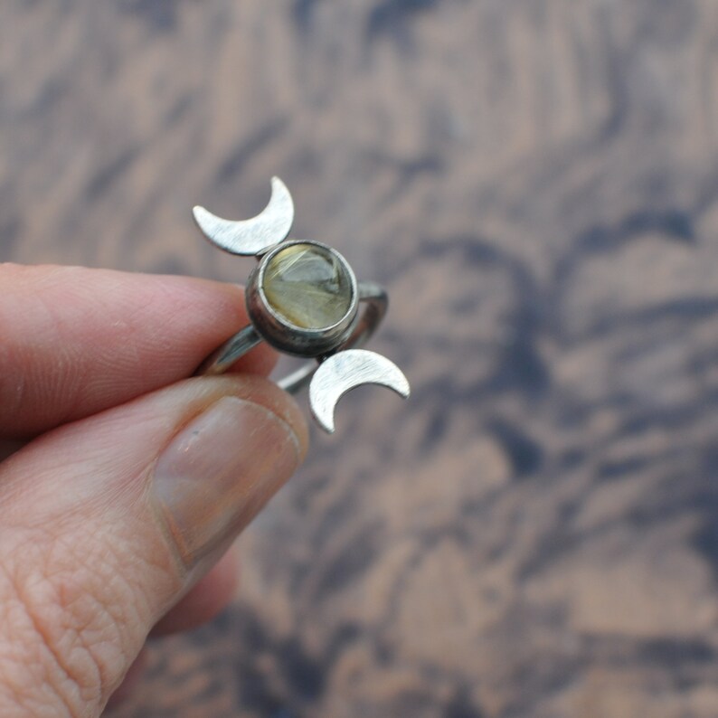 celestial ring, 6.75 US, rutilated quartz ring, moon phase ring, moon cycle ring, celestial jewelry, moon phases ring, waxing moon image 2