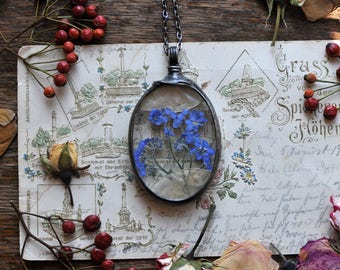 forget me not necklace, christmas gift, natural jewelry, floral jewelry, nature lover, terrarium necklace, pressed flower stained glass