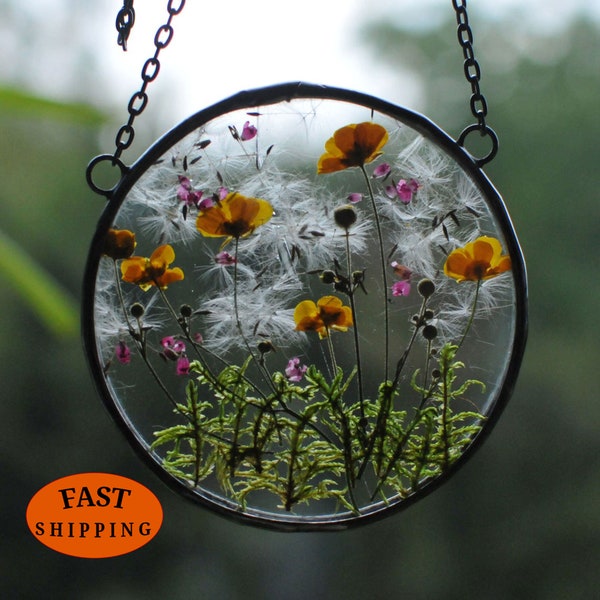 MARIAELA, glass floating frame, pressed flower art, buttercup, yellow flowers, forget-me-nots, glass art frame, Glass Hanging Frame