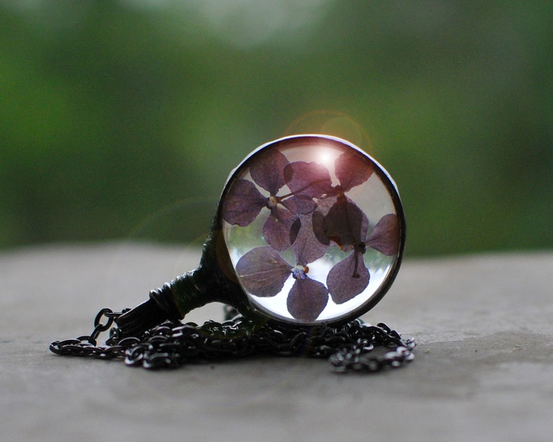 hydrangea necklace purple flower necklace presed flower jewelry bridesmaid necklace terrarium necklace real hydrangea bridal jewelry