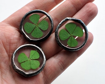 a set of three,  Lucky Token, Coin with Four Leaf Clover, real four leaf clover, lucky charm, shamrock pedant, pressed flower, lucky gift