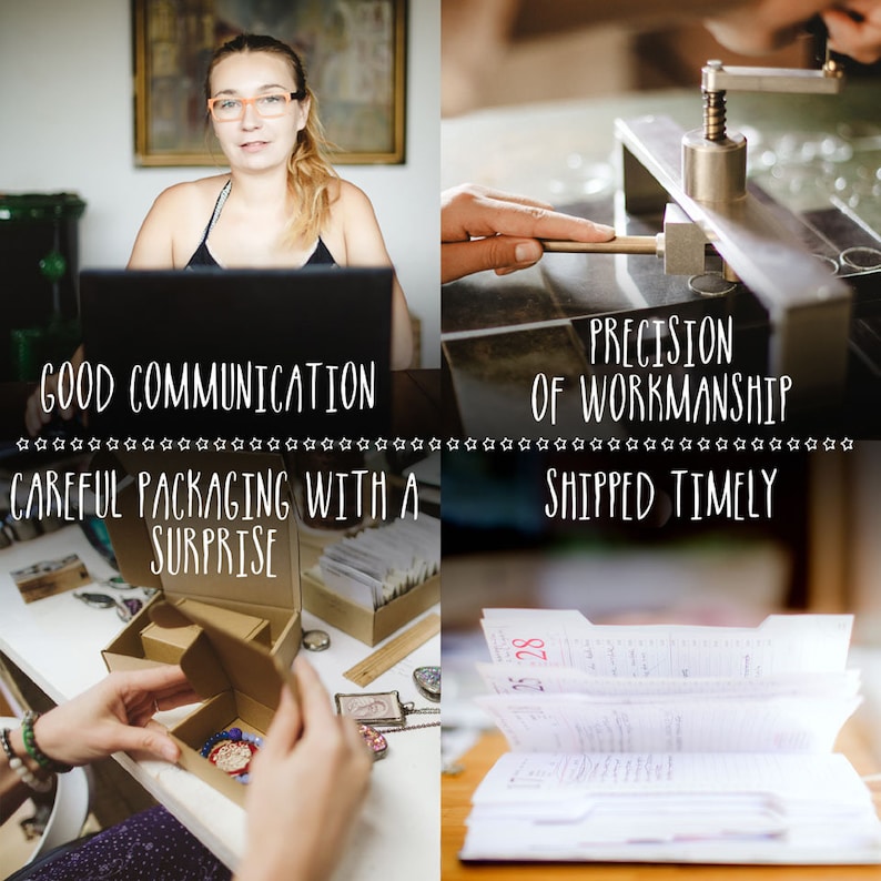May include: A collage of images showcasing the process of creating and shipping a product. The first image shows a woman working on a computer. The second image shows a close-up of a tool used to create a product. The third image shows a package being prepared for shipping. The text "GOOD COMMUNICATION", "CAREFUL PACKAGING WITH A SURPRISE", "PRECISION OF WORKMANSHIP", and "SHIPPED TIMELY" is included in the image.