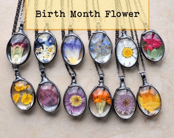 Collar de flores de nacimiento, Día de la Madre, Joyería Flor del mes de nacimiento, Joyería de flores del mes de nacimiento, Collar de flores naturales prensadas
