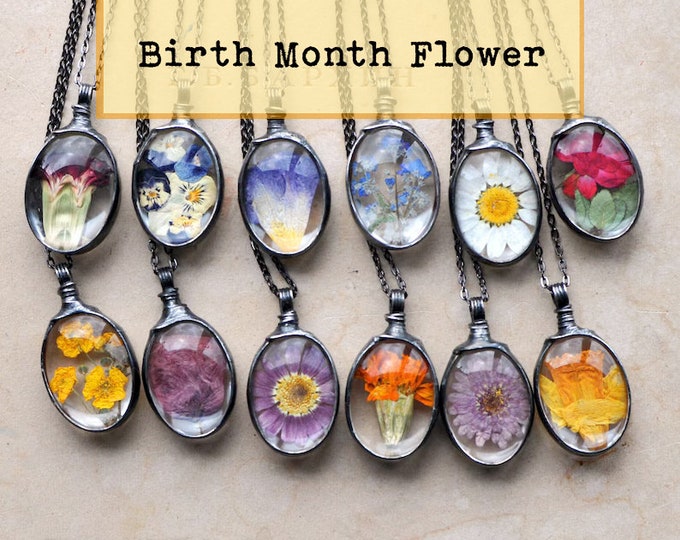 Collier fleurs du mois de naissance, fête des mères, bijoux fleurs du mois de naissance, bijoux fleurs du mois de naissance, collier fleurs naturelles pressées