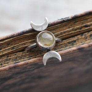 celestial ring, 6.75 US, rutilated quartz ring, moon phase ring, moon cycle ring, celestial jewelry, moon phases ring, waxing moon image 1