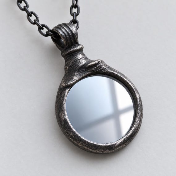 Mirror Necklace, Real Glass Pendant, Handmade Antique Silver-Tone Frame, Long Chain