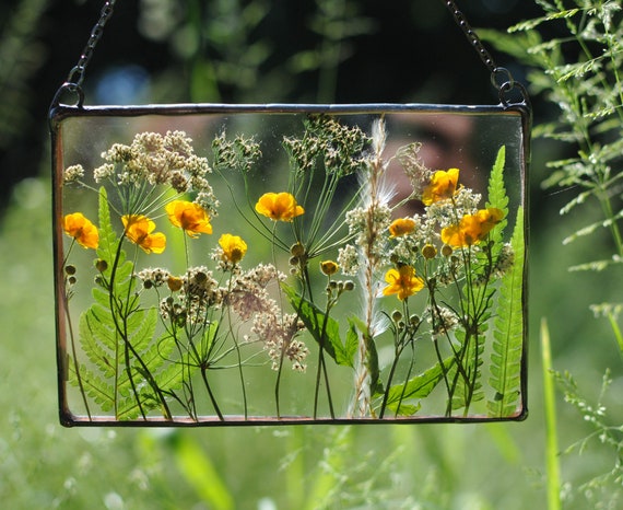 Framed Flowers, Dried Flower Frame, Stained Glass, Floating, Wall