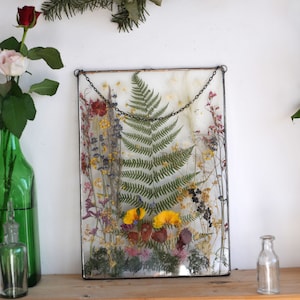 Real Fern, Herbarium frame stained glass art, Pressed flower frame, stained glass panel with pressed natural flowers inside double glass