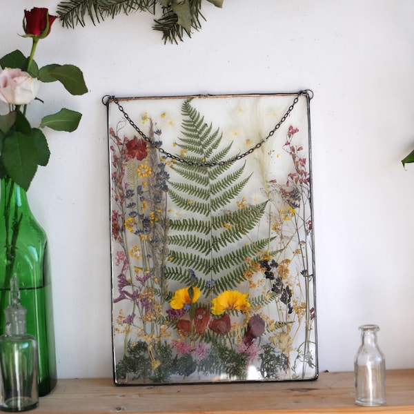 Real Fern, Herbarium frame stained glass art, Pressed flower frame, stained glass panel with pressed natural flowers inside double glass