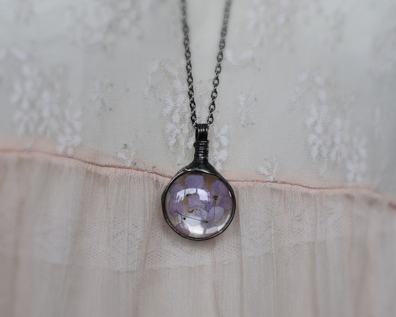 hydrangea necklace purple flower necklace presed flower jewelry bridesmaid necklace terrarium necklace real hydrangea bridal jewelry