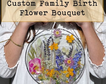 Bouquet de fleurs de naissance de famille PERSONNALISÉ, cadeau personnalisé pour maman, portrait de famille, fête des mères, cadeau pour grand-mère, cadre de fleurs pressées