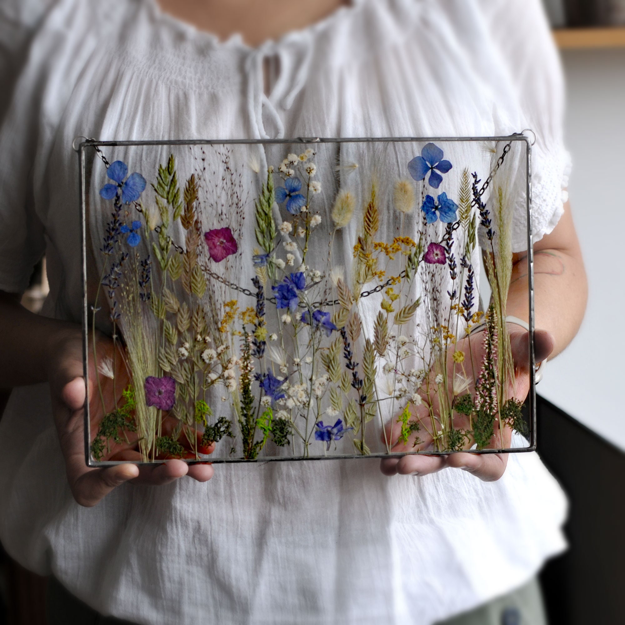 Real Dried Flowers, Dried Flower, Flower Hanging, Hanging Glass Decor,  Botanical Art, Large Pressed Flower Frame, Pressed Flower Art 