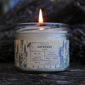 no.3, Lavender Aromeatherapy, 6.5 oz,  mariaela candles, Candles in Jars, essential oil infused, sympathy gift,dye free candle, vegan candle