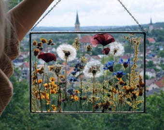 Witraż ze sprasowanymi kwiatami, rama pozioma A4
