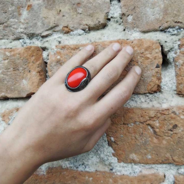 RED statement ring, red ring, cocktail ring, Adjustable Ring,  MARIAELA, red, gold, nostalgia