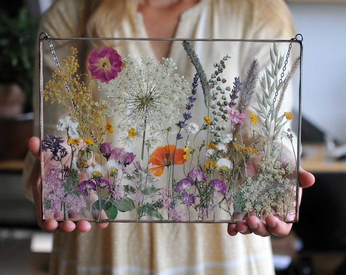 Pressed Flower Glass Decor – Real Dried Flowers in Stained Glass Frame – Botanical Wall Art, Anniversary Gift