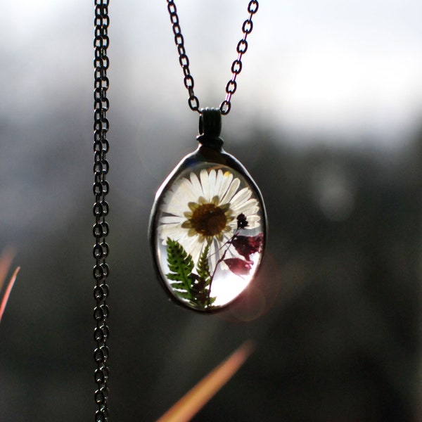 Collier de terrarium de fleurs pressées, bijoux en terrarium, botanique, végétalien, collier de vraies fleurs, vitrail, mariaela, marguerite