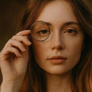 May include: A woman holding a round, antique-style magnifying glass with a dark metal frame and a chain. The magnifying glass is positioned over her eye, with a blurred background.