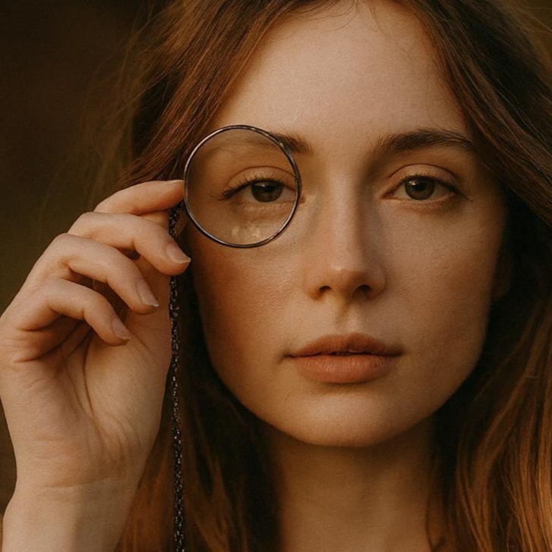 May include: A woman holding a round, antique-style magnifying glass with a dark metal frame and a chain. The magnifying glass is positioned over her eye, with a blurred background.