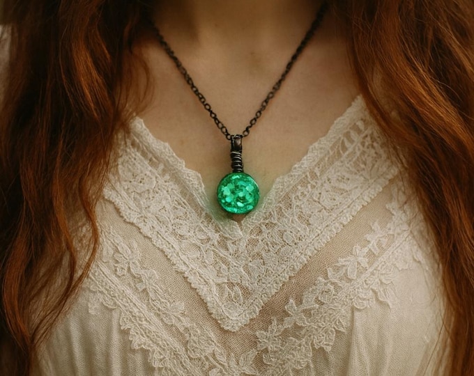 Glow-in-the-Dark Glass Orb Necklace – Luminous Moon Pendant, Witchy Glow Jewelry, Gift for Her