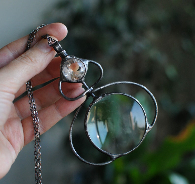 magnifying glass pendant, celestial necklace, glass diamond, retro pendant, recycled pendant, vintage pendant, loupe necklace, loupe pendant image 3