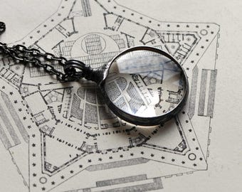Unique magnifying glass necklace, 5x magnification, vintage silver style. Perfect for reading small print, a  practical gift for teachers