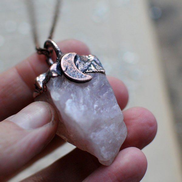 Raw Rose Quartz, raw stone, electroformed jewelry, celestial necklace, crystal quartz necklace