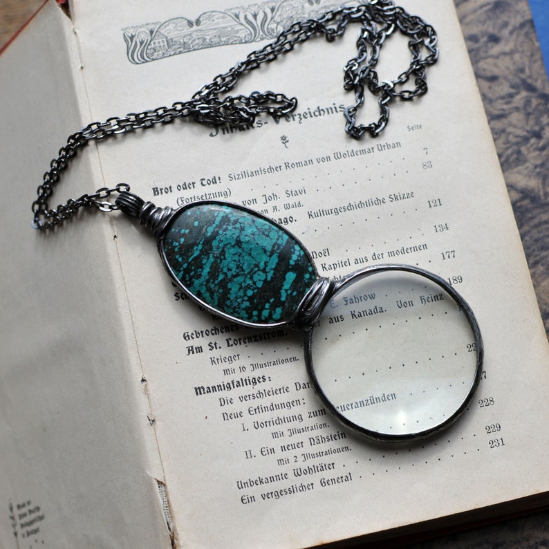 chrysoprase pendant, turquoise necklace, magnifying glass, unique gift, mother's day, green gemstone, loupe charm, monocle charm image 2