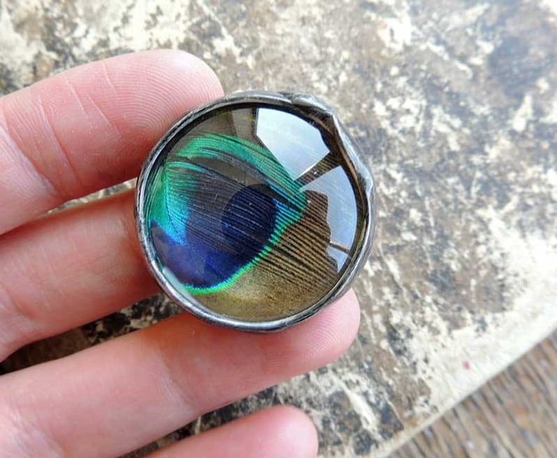 stained glass boho ring peacock ring feather jewelry ring peacock feathers real peacock